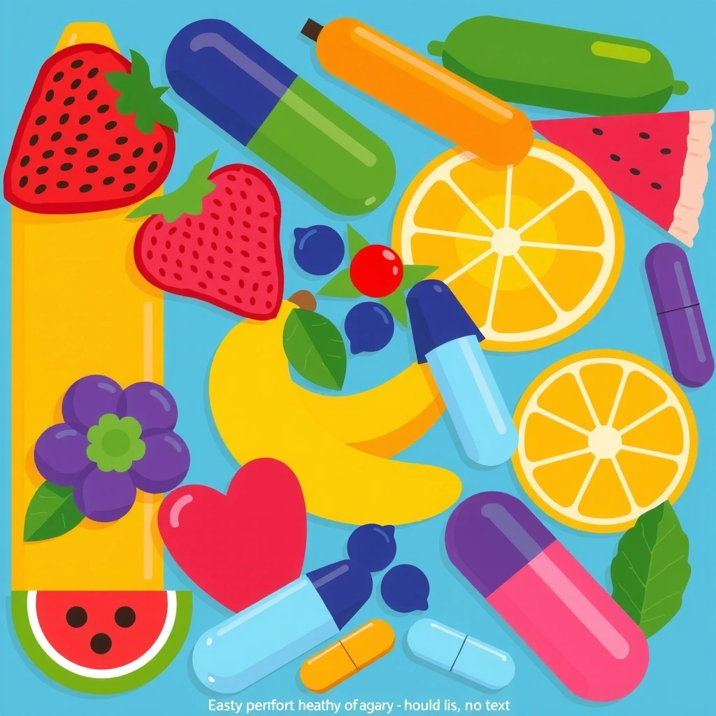 Ilustrație cu vitamine colorate și fructe