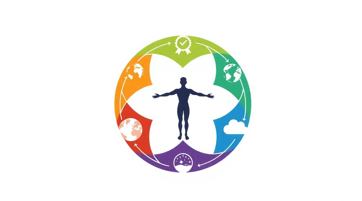 Diagramă circulară ilustrând interconexiunea dintre corp, minte, spirit și mediul înconjurător